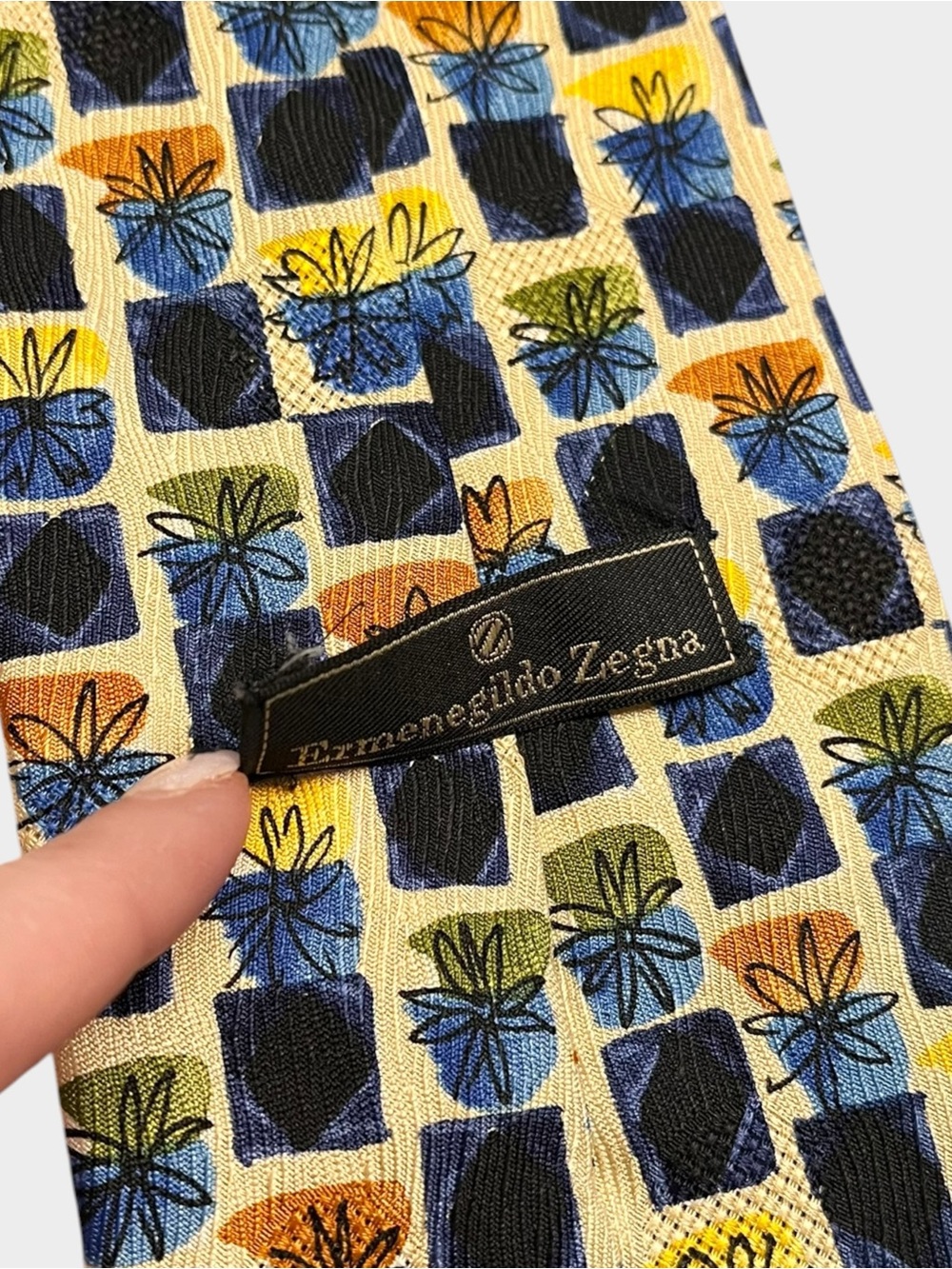 ERMENEGILDO ZEGNA Floral Geometric Silk Tie Multicolor Designer Blocks - Picture 6 of 6